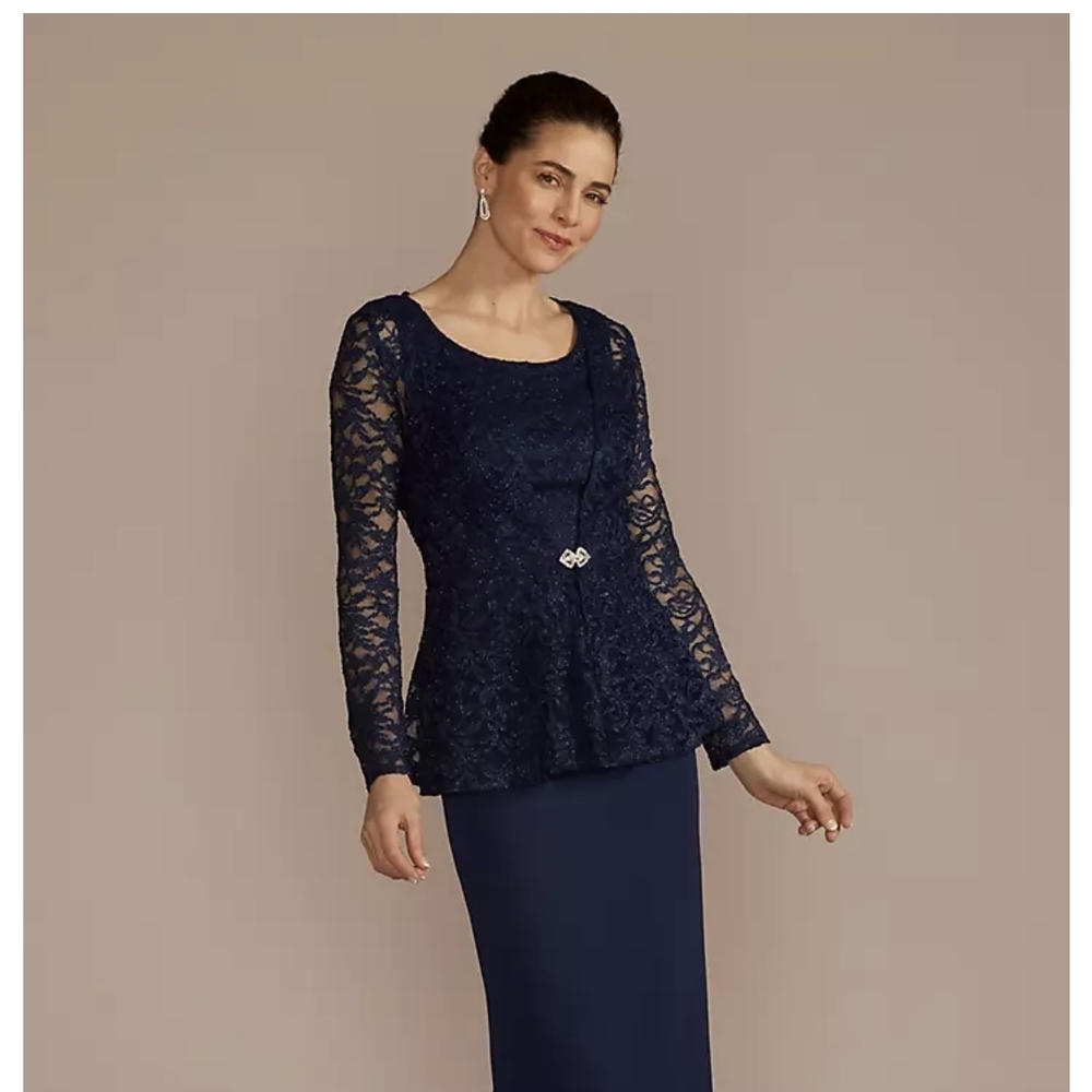 Nwt 2 Piece David's Bridal  Formal Gown/w Jacket Marine Navy Lace Peplum Top